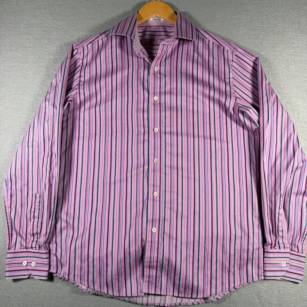 Bugatchi Uomo Mens Shaped Fit Striped Button Down Shirt Pink Purple Blue Size M